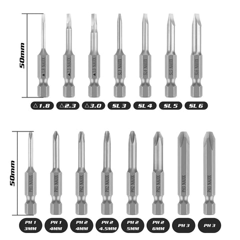 15 Piece Slotted Phillips Triangle Screwdriver Bit Set With One Quarter Inch Hex Shank, S2 Steel Magnetic High Precision Bits