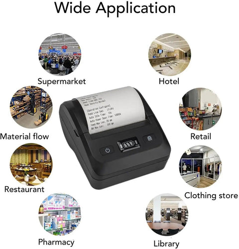 No Sweat Portable Thermal Receipt Printer, 80MM Width, 2600mAh Battery, USB And Bluetooth 5.0 Wireless Printing on display with applications.