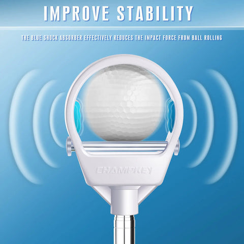 Auto Locking Golf Ball Retriever With Telescopic Shaft Long Reach Extendable Picker showing head with golf ball and blue absorber