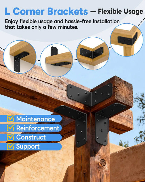 Badass Heavy Duty L Brackets 5 Inch Thick Steel Angle Supports Black 4 Pack For Wooden Shelves Furniture Pergolas Rock Solid Mounting Hardware Built Tough installed on wooden pergola corners.