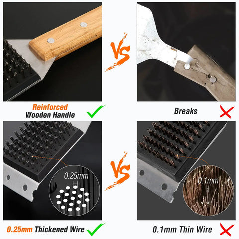Grill Brush and Scraper 2 in 1 with durable replaceable stainless steel head and wooden handle vs regular brush.
