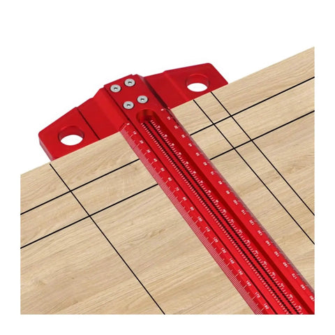 Digital Caliper, Carpenter’s Marking Ruler Square Perforated T-Square Tool on wooden surface showing measurement scale.