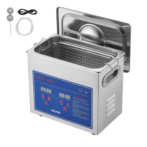 Heavy Duty Ultrasonic Cleaner With A Spacious Three Liter Tank And Zippy 40kHz Output in stainless steel with digital controls and basket.