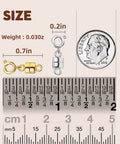 Magnetic Necklace Clasps Set For Easy No Fuss Closures And Arthritis Friendly Wear, 12 Pack With L 0.71 Inch By 0.27 Inch Size, Ultra Lite 0.026 Ounce, 14K Gold And Silver Bracelet Converter For Women, with size comparison to ruler and coin.