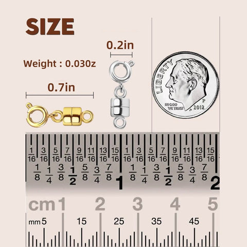 Magnetic Necklace Clasps Set For Easy No Fuss Closures And Arthritis Friendly Wear, 12 Pack With L 0.71 Inch By 0.27 Inch Size, Ultra Lite 0.026 Ounce, 14K Gold And Silver Bracelet Converter For Women, with size comparison to ruler and coin.
