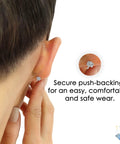 Shiny 14k White Gold Ball Stud Earrings With Secure Butterfly Pushbacks, 4mm Classic Round Studs, High Polish Finish, Everyday Sparkle Jewelry For Ears, Hypoallergenic Post And Backing. Back view on ear, secure push-back shown.