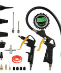Essential Heavy Duty Compressor Accessory Kit Loaded With A Digital Tire Inflator Sharp Pressure Gauge Blow Gun Hose Fittings Air Nozzles And One Quarter Npt Air Tool Rig For Weekend Garage Projects, featuring inflator, gauge and nozzles.