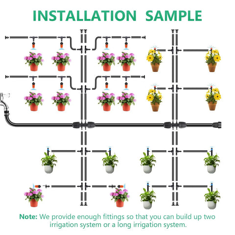 Installation diagram of 256Ft Drip Irrigation Kit For Backyard Garden Greenhouse That Keeps Your Lawn Lush With 210Ft 1/4 Inch Tubing