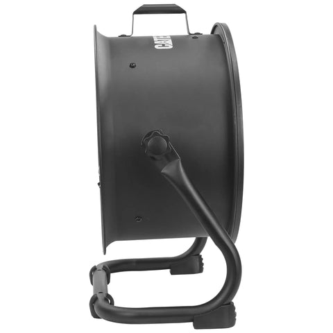 Side view of Built Tough 14 Inch Drum Fan Delivers 2300 CFM High Velocity Air For Industrial Spaces with pivot head and die cast cover.