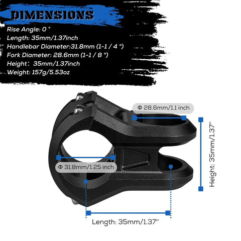 Short Mountain Bike Stem for 31.8mm Handlebars and 1 1/8 Inch Steerer, 35mm Length, dimensions and specifications displayed.