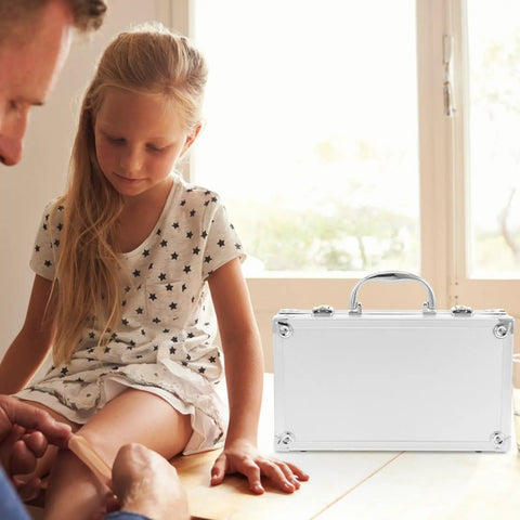 Built Tough Aluminum Alloy Work Crate With Cushion Grip Bail And Quick Release Cover For Grease Monkey Multi Layer Tool Sorting Or On The Road Health Supply Tote next to a girl getting a bandage.