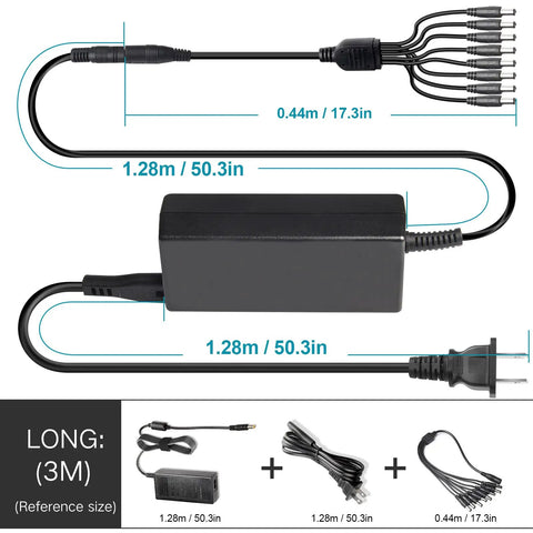 12V 5A AC Power Adapter For Security Cameras CCTV DVR Surveillance System with 1-8 splitter cable and measurements