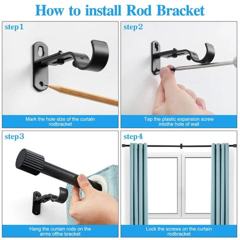 Step-by-step installation of Adjustable Curtain Rod Set 1 Inch Diameter Black Metal For Windows From 16 To 92 Inches Or Up To 104 Inches Max