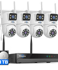 Four outdoor wireless security cameras with dual lens, 360 degree pan and tilt, and included 1TB HDD, easy setup.
