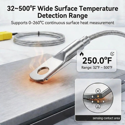 Heavy Duty K Type Surface Thermocouple Probe With M6 Bolt for EV battery temp reads on a heated surface at 250°F.