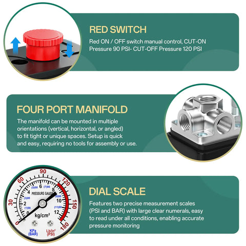 Rock Solid Air Compressor Pressure Switch Kit With Sleek Four Way Valve and Air Pressure Regulator red switch and four port manifold view.