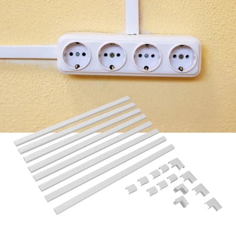 Super Slick Peel And Stick Cable Raceway Cover For TV And Office Walls with adhesive strips and connectors mounted on wall.