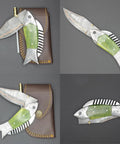 Fish Style Copper Damascus Folding Knife With Ladder Pattern Blade, Brass Engraved Handle, on leather sheath, open position