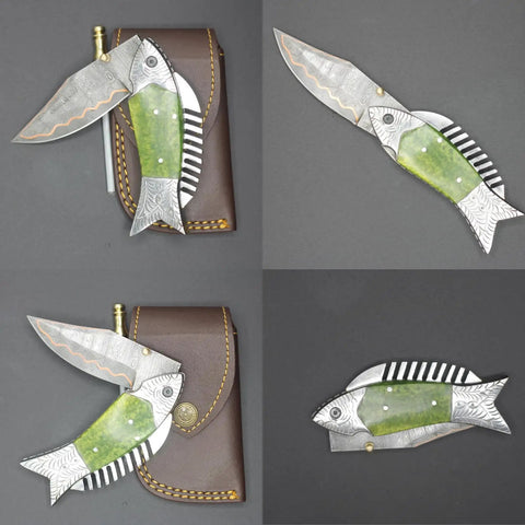 Fish Style Copper Damascus Folding Knife With Ladder Pattern Blade, Brass Engraved Handle, on leather sheath, open position