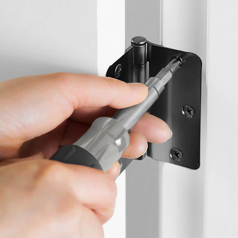 Heavy Duty Black Wood Screws For Door Hinges Nine By One And One Half Inch Pack, black hinge screw being driven into a door hinge