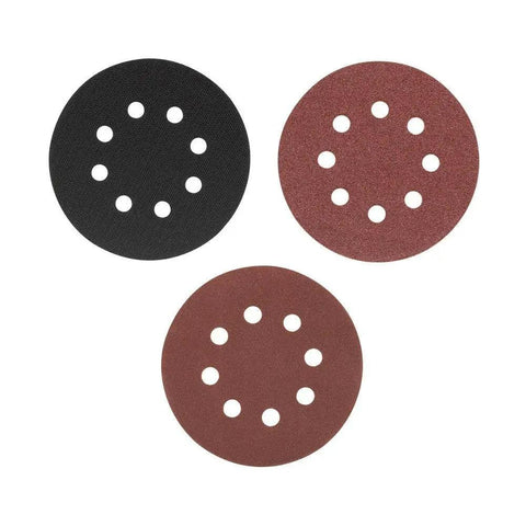 A set of three sanding discs, compatible with Gen5X 18 Volt 5 Inch Cordless Random Orbit Sander Tool Only Renewed, showing different grits.