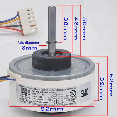 Indoor DC Brushless Fan Motor 13W Replacement For WZDK13-38G-1 RD-310-13-8 with dimensions and electrical connector