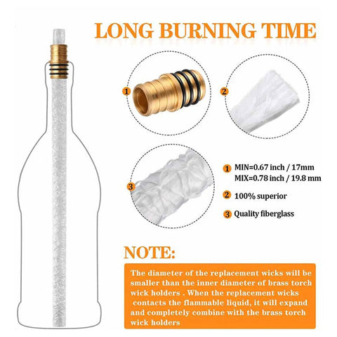 DIY Wine Bottle Torch Kit For Outdoor Patios And Gardens With 6 Brass Wick Holders, 20 Washers, And 6 Fiberglass Wicks So You Can Convert Wine Bottles Into Long Lasting Tiki Torch Garden Decor No Fuss, shown with brass wick holder and fiberglass wick details.
