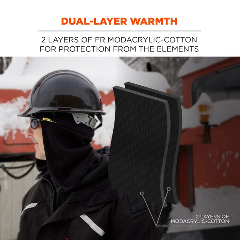 2 Layer Thermal Hard Hat Winter Liner With Flame Resistant Outer Shell And FR Lining worn under hard hat in snowy setting