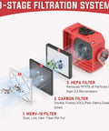Industrial Grade HEPA Air Scrubber with 3-stage filtration including MERV 10 pre-filter, carbon filter, HEPA filter visible in diagram.