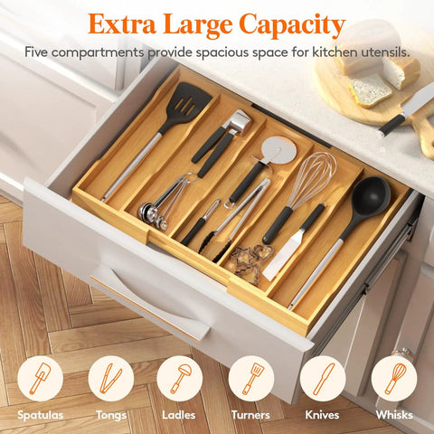 Expandable Kitchen Utensil Organizer Drawer Tray With Natural Wood Finish in kitchen drawer holding utensils