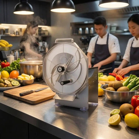 Beefy Stainless Steel Manual Slicing Machine With Guard Plate Baffle And Hand Crank Spare Parts For Home Kitchen Use Built Like A Tank For Fast Precise Cuts on tabletop in kitchen setting