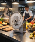 Manual Stainless Steel Mandoline Slicer With Guard Plate For Safe Prep Adjustable Thickness 0.1 To 10 mm on kitchen counter.