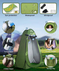 Green privacy tent from Go To Portable Camping Toilet Kit with pop-up features, sun protection, waterproof, and windproof design.