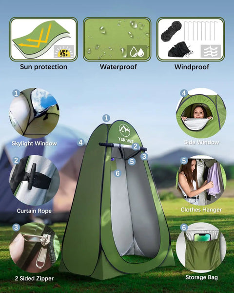 Green privacy tent from Go To Portable Camping Toilet Kit with pop-up features, sun protection, waterproof, and windproof design.