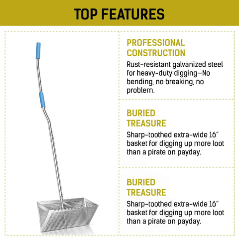 52 Inch Heavy Duty Beach Rake With Large 16 Inch Basket For Collecting Sand Fleas, Seashells, Shark Teeth, And Crabs, Non Slip Ergonomic Handle, Ultimate Beach Sifter Tool For Treasure Hunting, Shelling, And Tidepool Finds