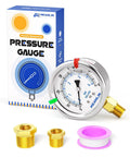Stainless Steel Liquid Filled Pressure Gauge 0 To 60 Psi 1 Quarter NPT 2 Inch Dial Lower Mount With Hex Bushing For Pool Filter Pump Oil Air Compressor Tire Pressure Tester with packaging and accessories.