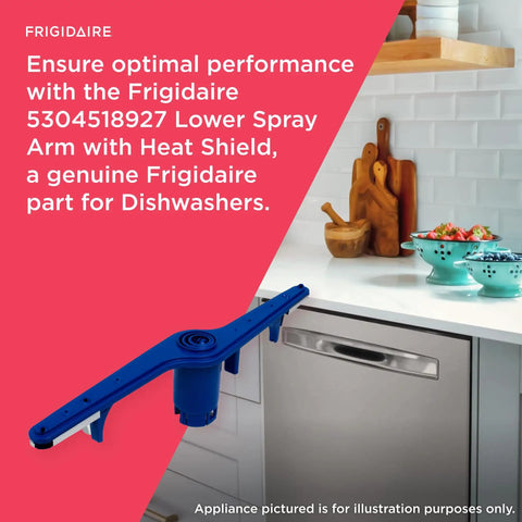 Lower Spray Arm With Heat Shield For Dishwashers Model 5304518927 shown on kitchen counter near dishwasher