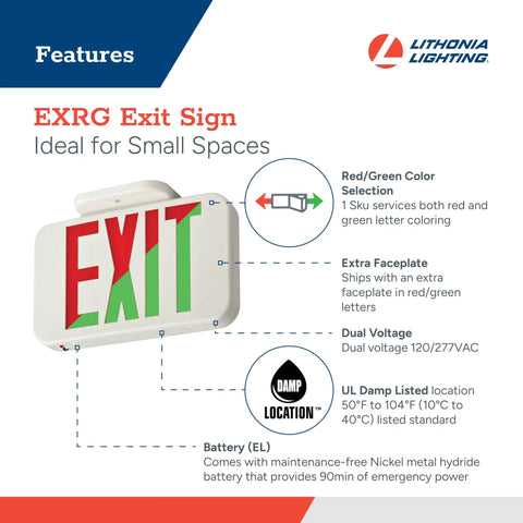 Single Sided LED Exit Sign With White Thermoplastic Housing, Switchable Red And Green Colors, NiMH Backup Battery, Features Display