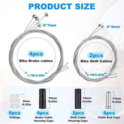 All In One Mountain Bike Brake Cable Kit Upgrade For MTB showing 4 brake cables, 2 shift cables with dimensions and caps
