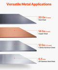 Metal sheets showing 20 gauge steel, 14 gauge copper, 12 gauge aluminum, and 0.5 mm stainless steel capacity for Box And Pan Brake For Sheet Metal Bending Up To 12 Inches Wide With 20 Gauge Mild Steel Capacity 0 To 135 Degree Adjustable Heavy Duty Aluminum Folder With 5 Fingers For Precise Bends Ideal For DIY Projects And Small Shops.
