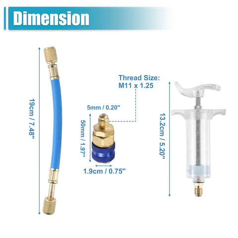 Oil and Dye Injector Kit for Car HVAC Systems, 30ml Hand Push Compressor dimensions and parts display