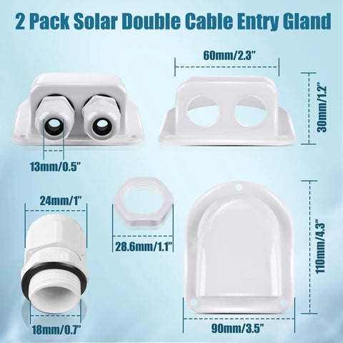 Two Pack Solar Cable Entry Gland Weatherproof Dual Cable Entry Kit For 3mm2 To 10mm2 Wiring In RVs Caravans Marine Boats And Cabins White Includes Screws And Rubber Seals No Fuss Mount Kit For Easy Mounting image showing dimensions and components