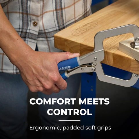 Heavy Duty Three Inch Face Clamp For Woodworking gripping wood with ergonomic handle for comfortable scrap holding.