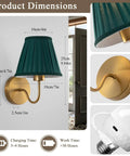 EIDISUNY Battery Operated Wall Sconces, Rattan Wall Sconce Set of 2 showing product dimensions with green shade and gold base.