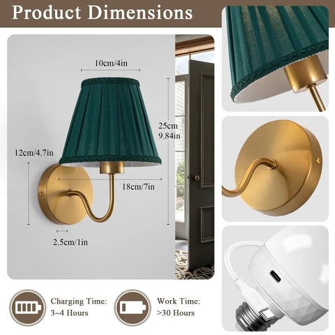 EIDISUNY Battery Operated Wall Sconces, Rattan Wall Sconce Set of 2 showing product dimensions with green shade and gold base.