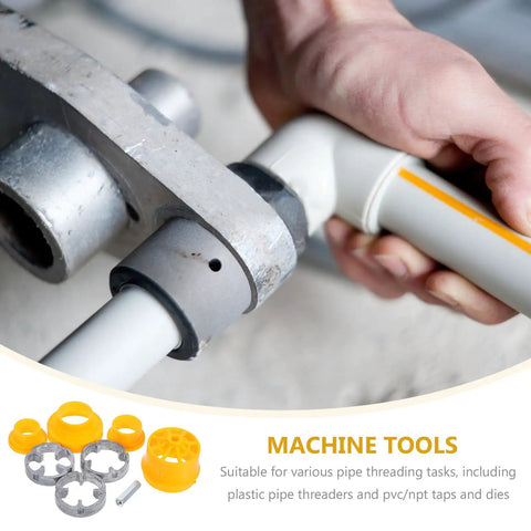 Toddmomy Electric Pipe Threader Kit Compat With Manual Power Drill, threading PVC pipe with attachments and tools in hand.