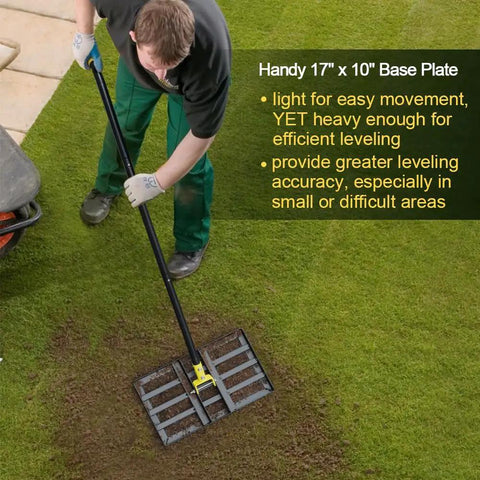 Person using Lawn Leveling Rake 17 By 10 Inch With 77 Inch Adjustable Curved End Grip Handle For Precise Yard Leveling of Soil