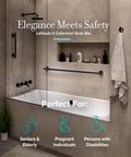 Latitude II 18 Inch Matte Black Grab Bar For Shower And Bath, mounted above a bathtub showcasing safety support features.