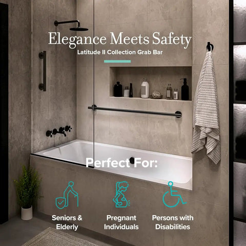 Latitude II 18 Inch Matte Black Grab Bar For Shower And Bath, mounted above a bathtub showcasing safety support features.