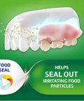 Illustration of denture with Extra Care Denture Adhesive Cream With Strong All Day Hold Food Seal And Comfort Clinically Proven Flavor Free